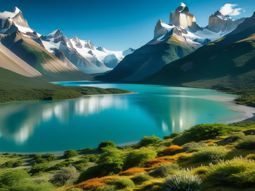 Imagen impactante de la majestuosa Patagonia, con montañas nevadas, lagos glaciares y exuberante vegetación