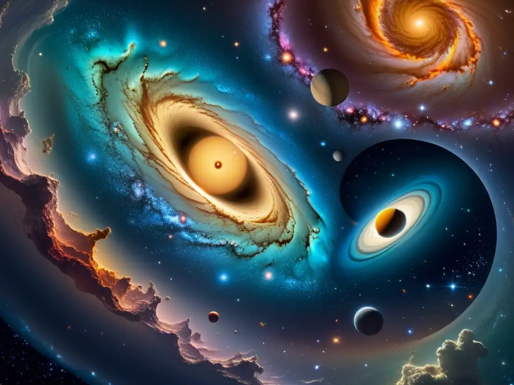 Imagen impactante de multiversos y filosofía de la ciencia, con universos superpuestos y colisionando en un despliegue de colores y formas