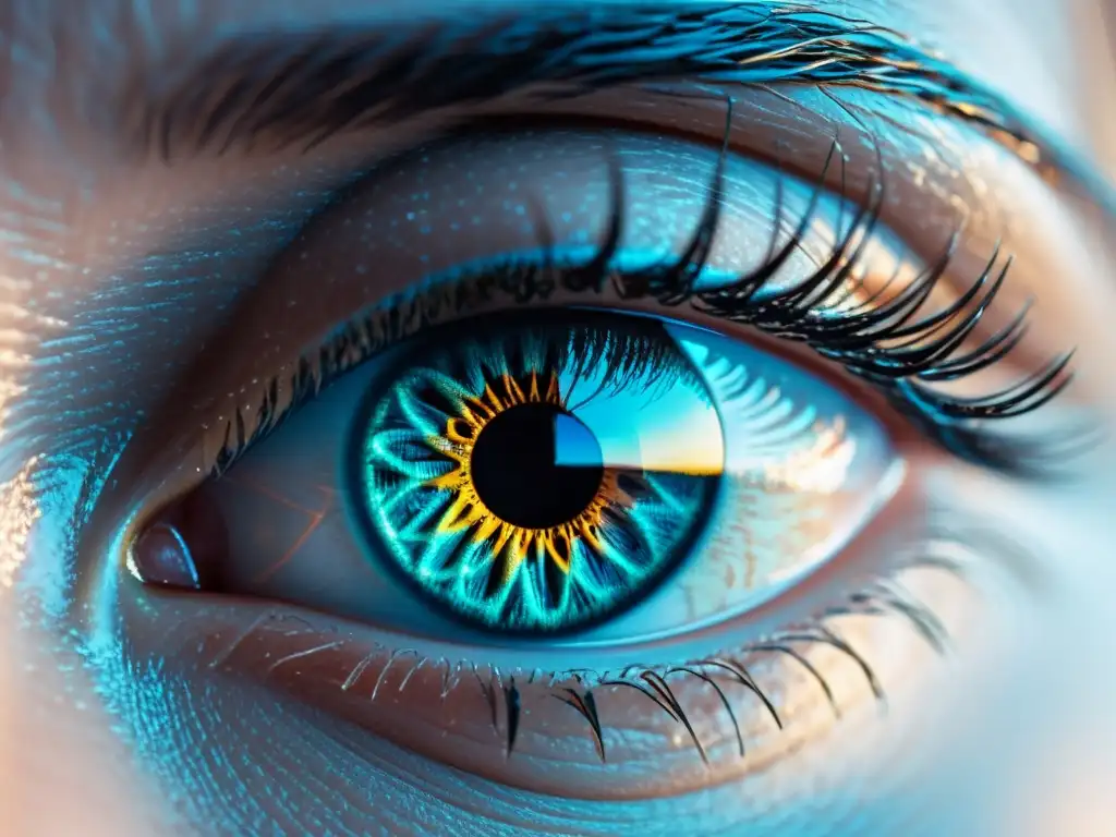 Una imagen impactante de un ojo con detalles intrincados del iris y la pupila, reflejando pantallas digitales y datos