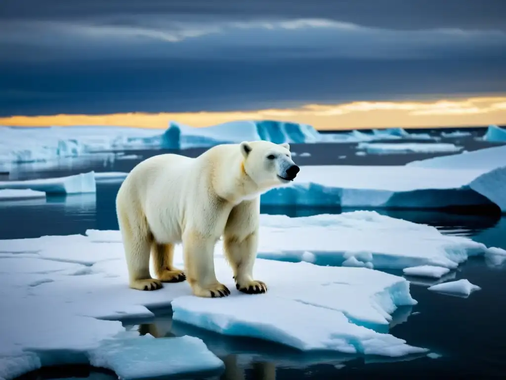 Imagen impactante de un oso polar atrapado en un bloque de hielo derretido, con el vasto océano Ártico detrás