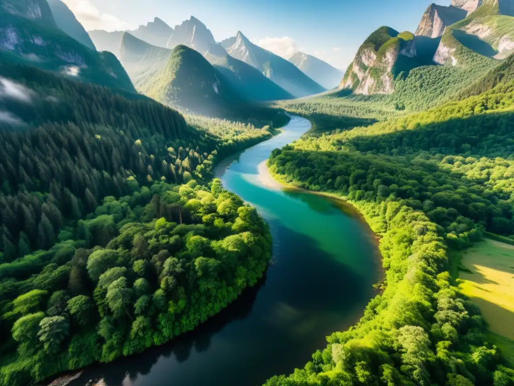 Imagen impactante de un paisaje natural intocado con río cristalino, bosques exuberantes y montañas imponentes