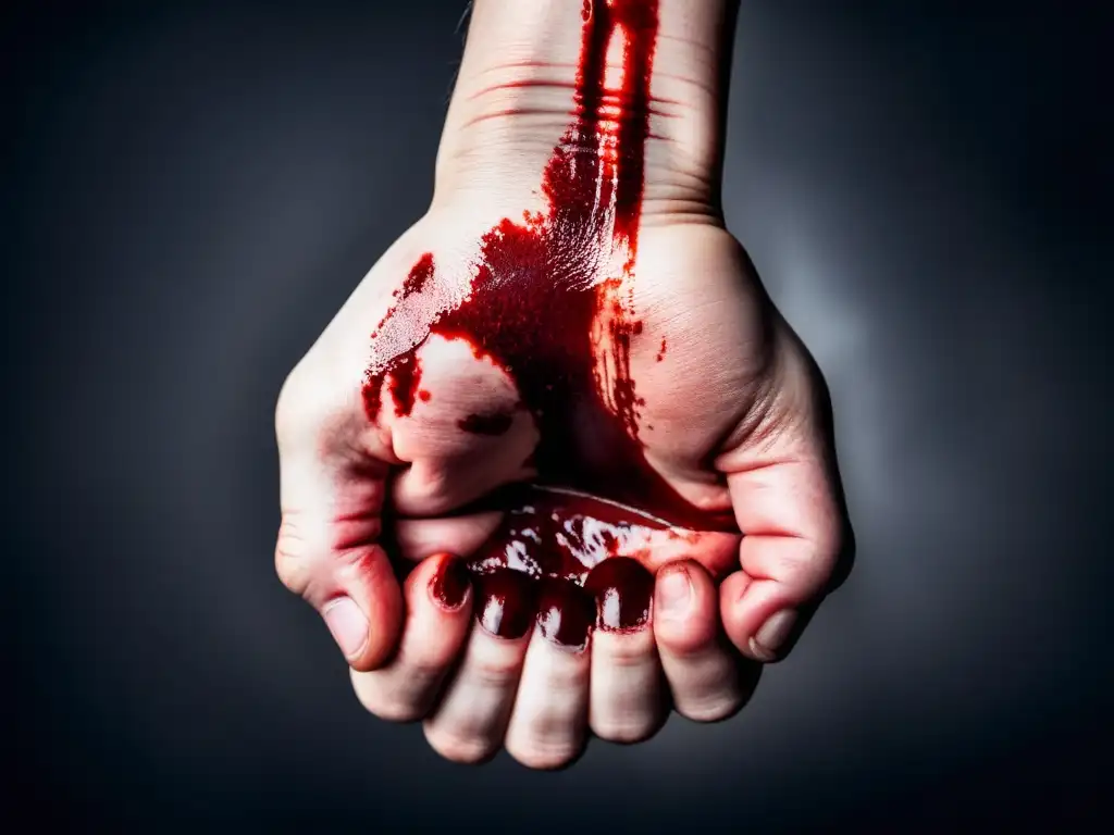Imagen impactante de un puño ensangrentado y magullado, simbolizando la violencia y autodestrucción como catarsis