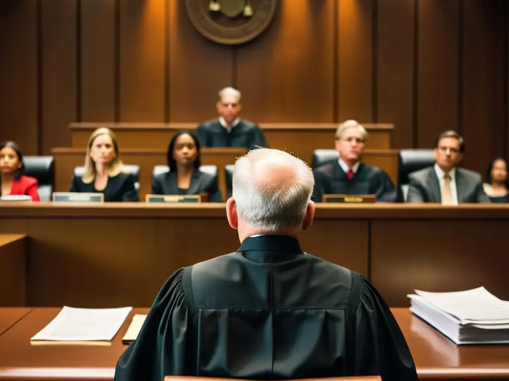 Imagen impactante de una sala de tribunal repleta de personas, con un juez en el centro rodeado de documentos legales y un martillo