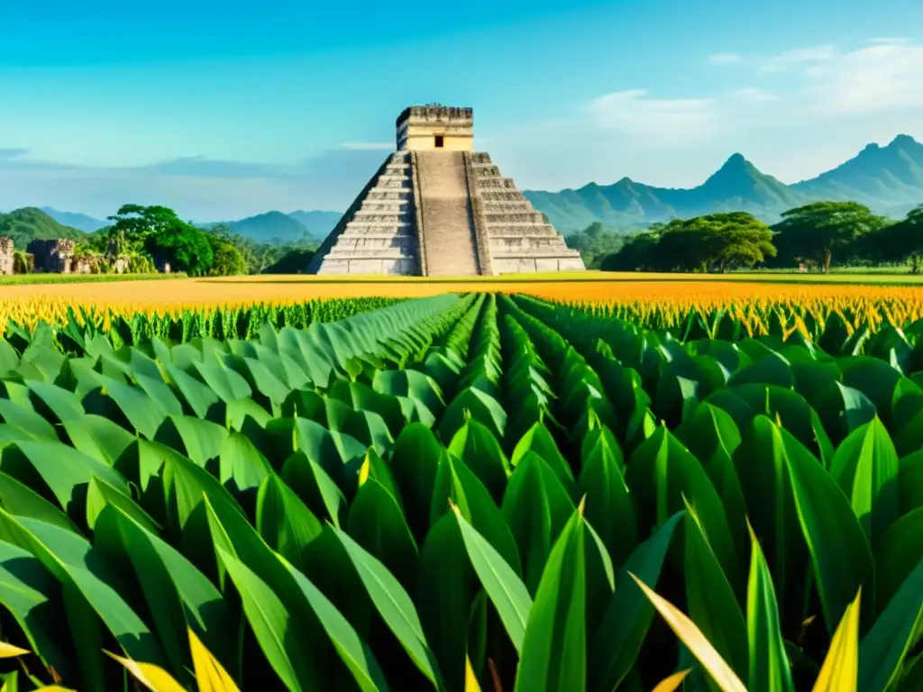 Imagen impactante del significado cultural del maíz en la filosofía mesoamericana, con un campo vibrante de maíz y ruinas antiguas al fondo