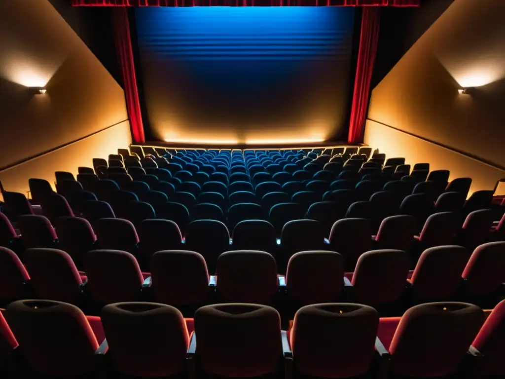Imagen impactante de un teatro a media luz con filas de asientos vacíos, una figura solitaria absorta en la película y una atmósfera de contemplación