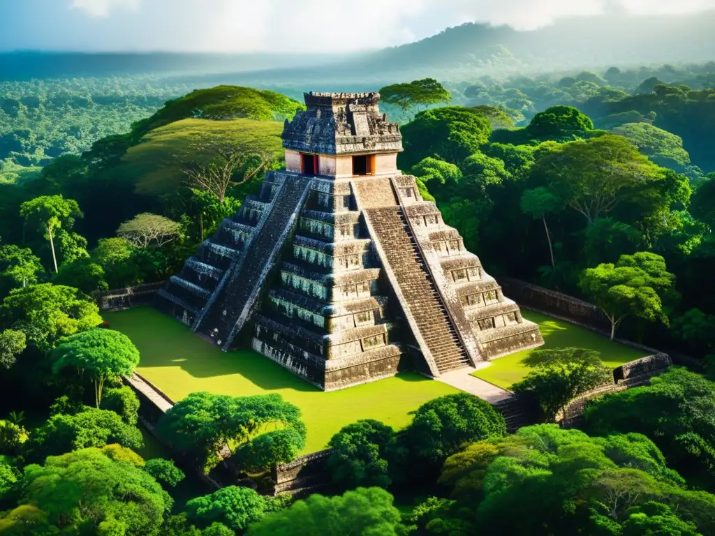 Imagen impactante de un templo maya tradicional en la exuberante jungla, evocando el sincretismo en corrientes filosóficas mundiales