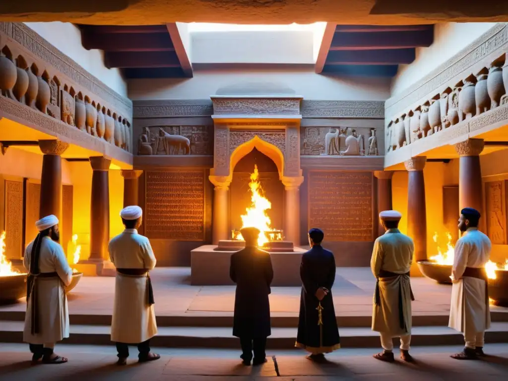 Imagen impactante de un templo zoroastriano con rituales antiguos festividades Nowruz, en tonos vibrantes y símbolos ancestrales