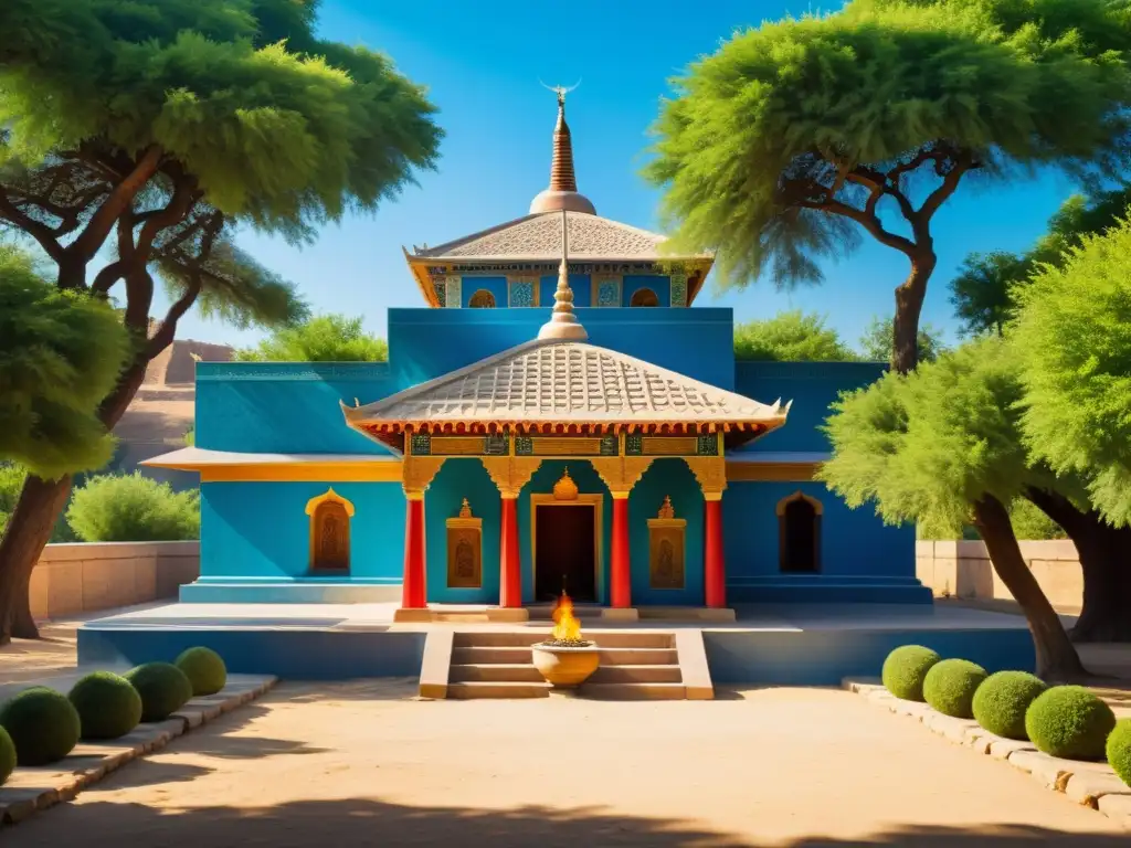 Imagen impactante de un templo Zoroastriano tradicional, con detalles intrincados y colores vibrantes, rodeado de exuberante vegetación