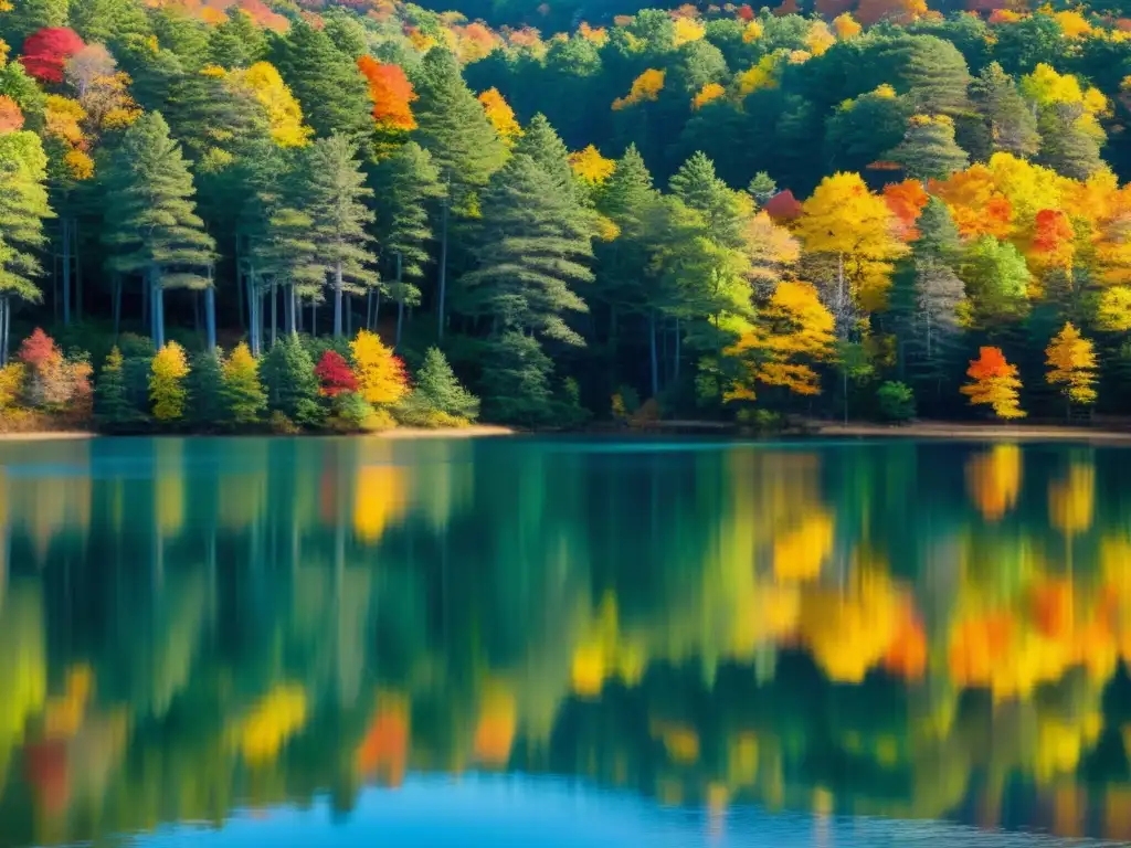 Imagen impactante del tranquilo lago Walden en Massachusetts, rodeado de exuberante follaje otoñal