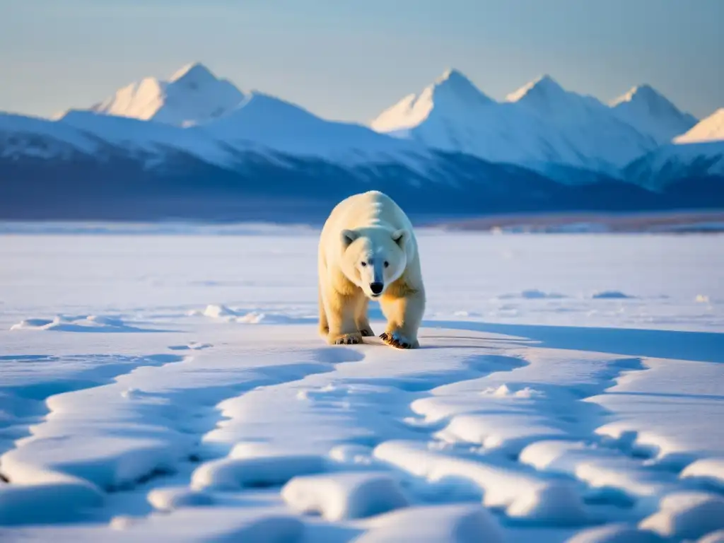 Imagen impactante de la vasta tundra con montañas nevadas y un solitario oso polar
