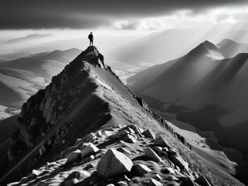 Imagen de montaña imponente con figura solitaria en la cima, evocando el desarrollo personal con el concepto superhombre