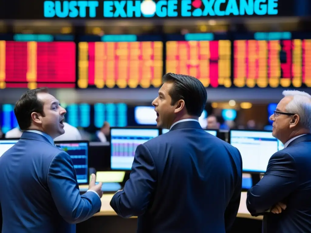 Una imagen impresionante de la bulliciosa bolsa de valores, con traders en trajes de negocios, pantallas digitales y una energía palpable