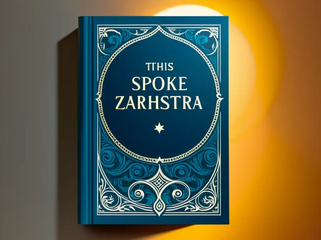 Una imagen impresionante de la cubierta del libro 'Así habló Zaratustra' de Friedrich Nietzsche, destacando sus detalles intrincados y textura, con una iluminación dramática que resalta el título y el nombre del autor