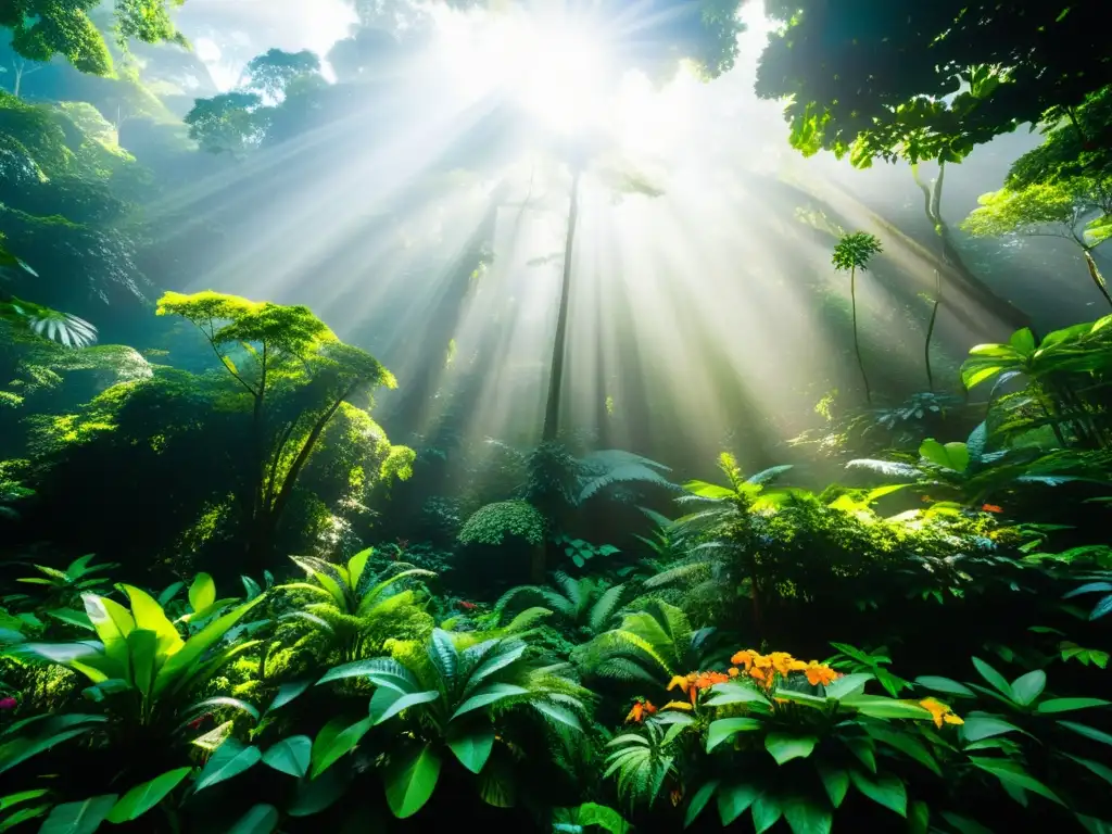 Imagen impresionante de un exuberante y vibrante bosque lluvioso, con una increíble diversidad de vida vegetal y animal en armonioso ecosistema