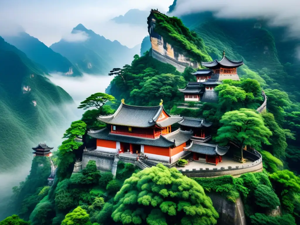 Imagen impresionante del Templo Taoísta Quanzhen en las neblinosas Montañas Wudang