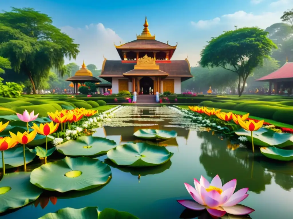 Imagen de jardín de meditación en India con exuberante vegetación, flores vibrantes, estanque sereno y templo hindú al fondo