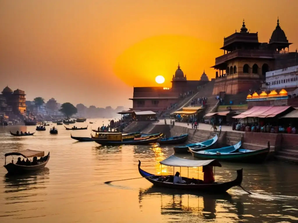 Imagen del amanecer en el río Ganges, Varanasi, evocando la conexión alma individual realidad universal en la filosofía hindú