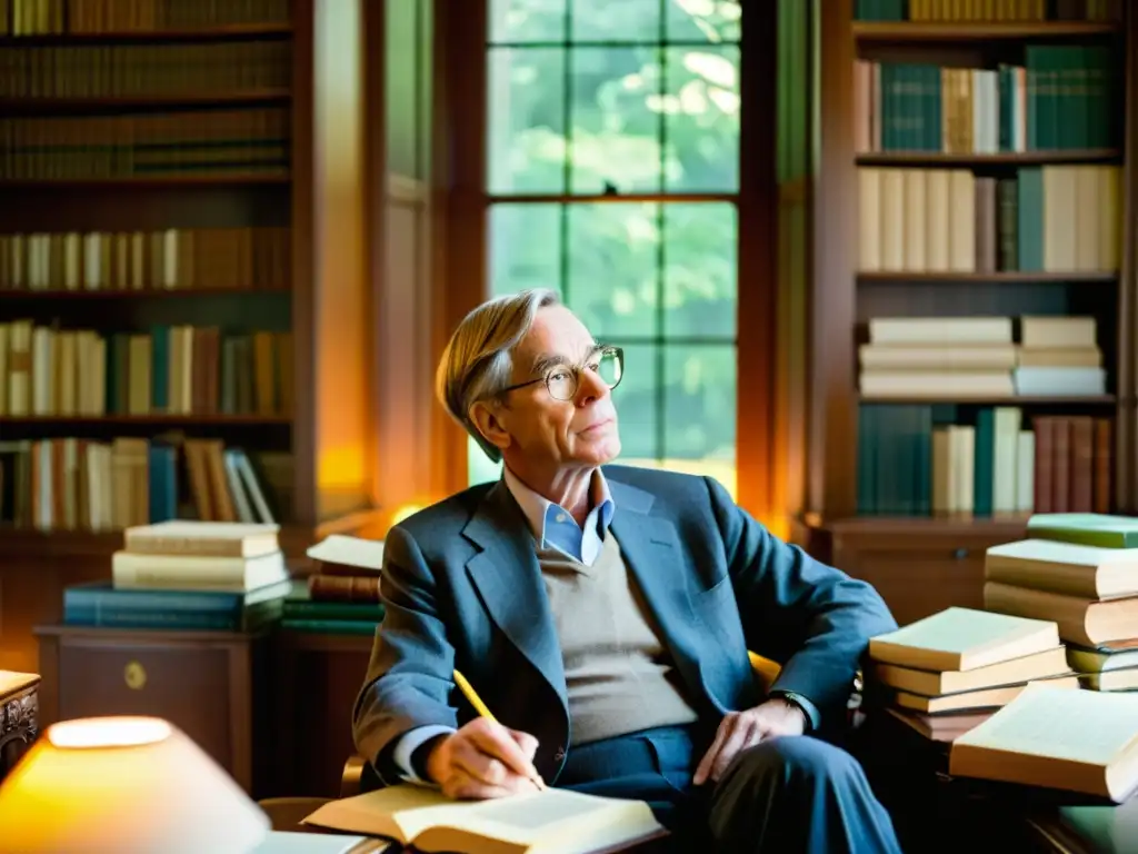 Imagen de John Rawls inmerso en el estudio, rodeado de libros y papeles, reflexionando sobre teorías éticas