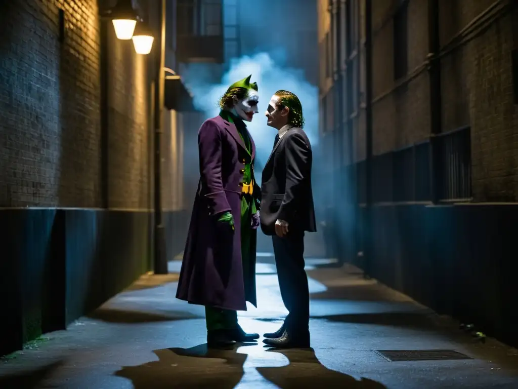 Imagen intensa de Batman y el Joker enfrentándose en un callejón, reflejando la relación entre poder y moralidad en 'The Dark Knight