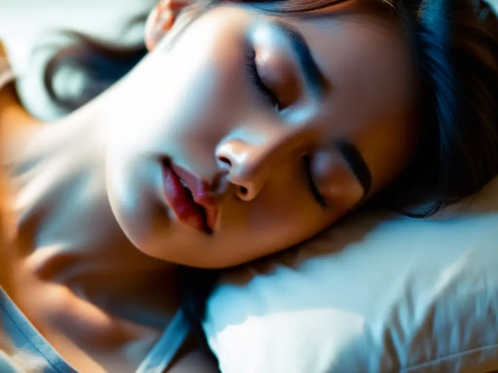 Una imagen íntima de una persona durmiendo pacíficamente, evocando la filosofía del sueño en 'Waking Life' con una atmósfera contemplativa y serena