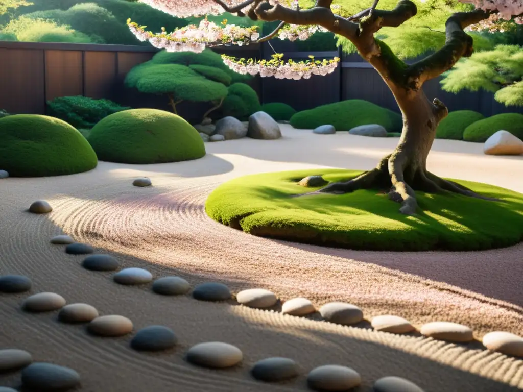 Imagen de jardín Zen japonés, con grava cuidadosamente rastrillada, rocas y un diseño sereno rodeado de vegetación exuberante y un árbol de cerezo