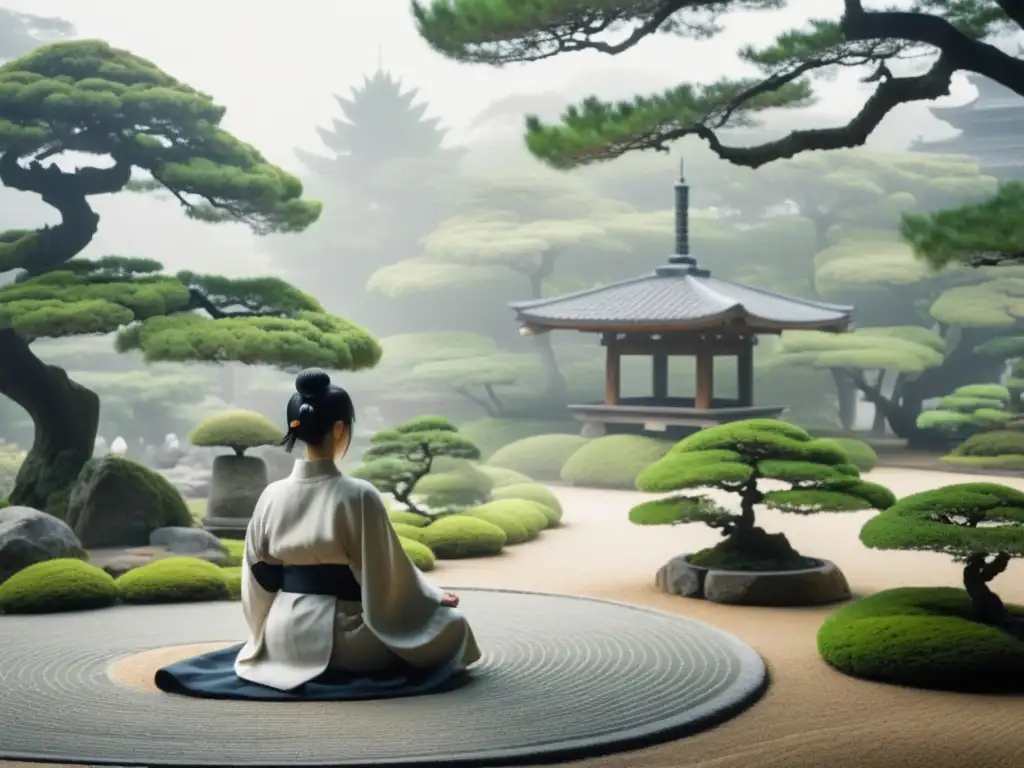 Imagen de un jardín zen japonés con paisaje monócromo y atmósfera contemplativa que refleja las Teorías Filosóficas sobre la Voluntad, Deseo y Mente