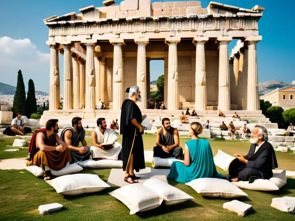Imagen de juegos filosóficos en la Antigua Atenas, con personas debatiendo apasionadamente en la Agora, el Partenón al fondo