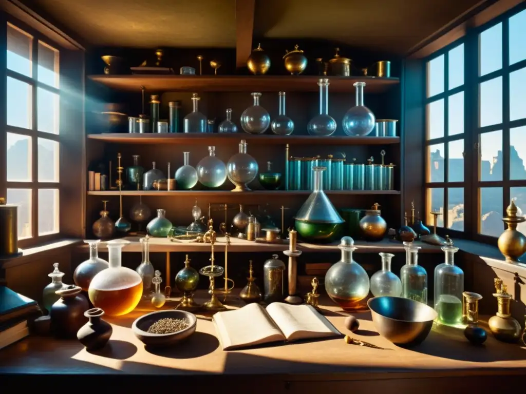 En la imagen se muestra un laboratorio alquímico detallado del Renacimiento, con instrumentos científicos, libros y sustancias misteriosas