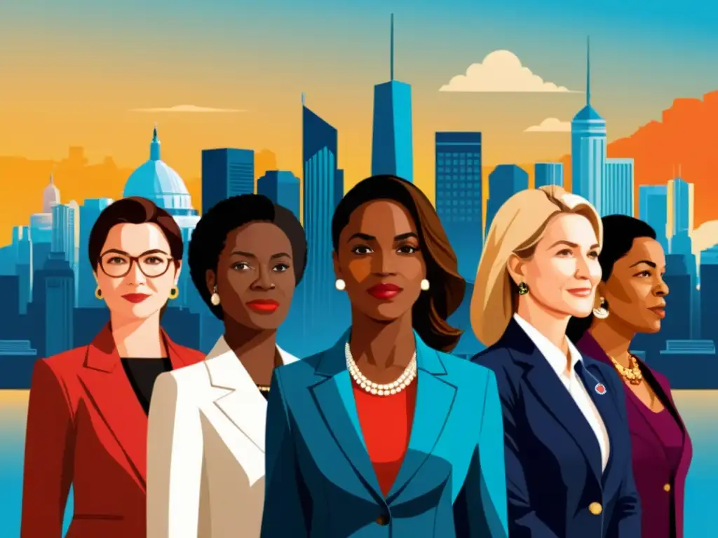 Imagen de líderes políticas femeninas diversas unidas en la lucha por el feminismo en la política global, mostrando autoridad y determinación