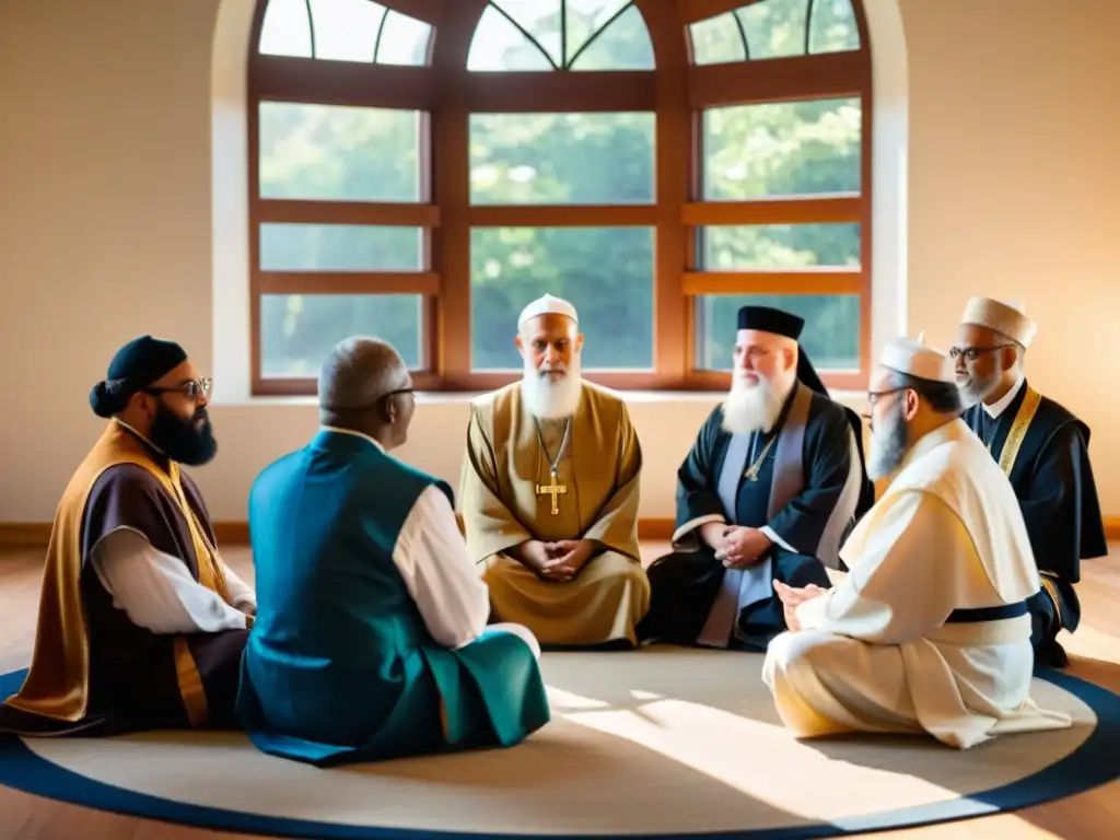 Imagen de líderes religiosos diversos dialogando en armonía, representando la espiritualidad y lecciones de diálogo interreligioso