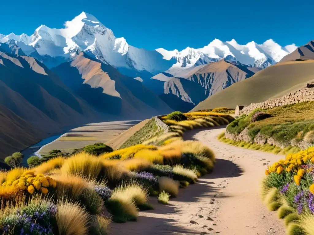 Imagen de la majestuosa Filosofía Aymara en el Qhapaq Ñan, con picos nevados y naturaleza exuberante, evocando una conexión atemporal