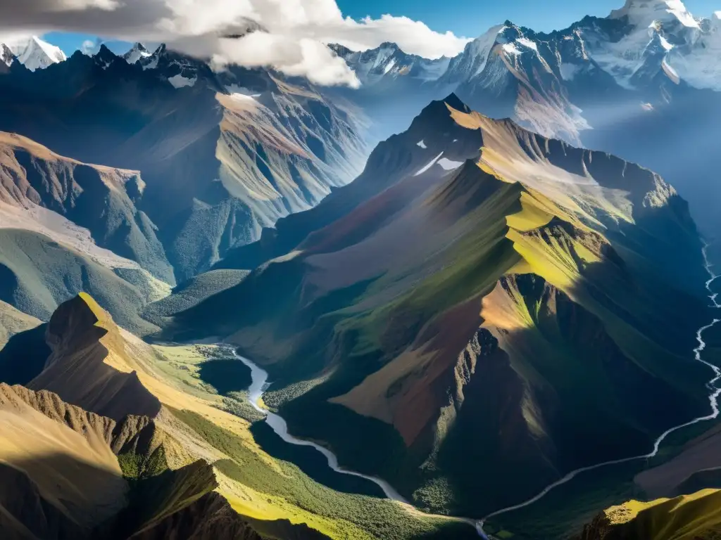 Imagen de alta resolución de la majestuosa cordillera de los Andes, destacando su equilibrio y coexistencia entre picos nevados y laderas verdes