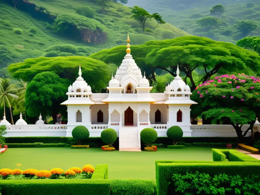 Imagen de un majestuoso templo jainista rodeado de exuberante naturaleza y devotos en meditación