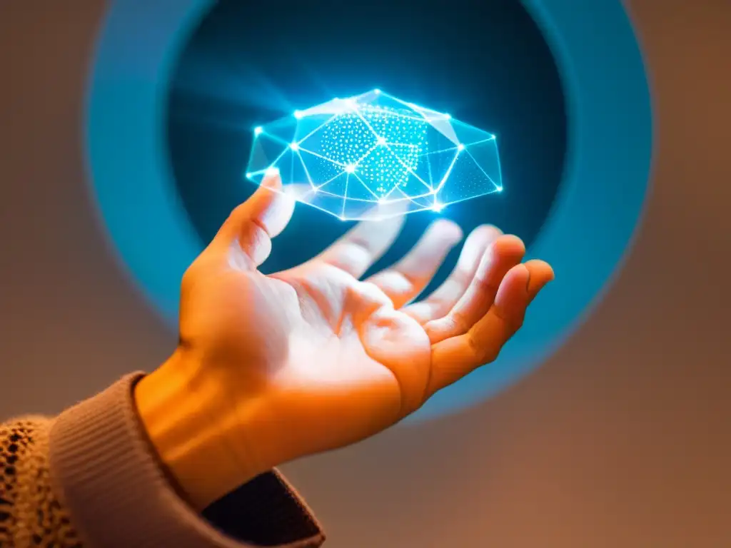 La imagen muestra una mano sosteniendo un smartphone transparente con una proyección holográfica de una red blockchain encima