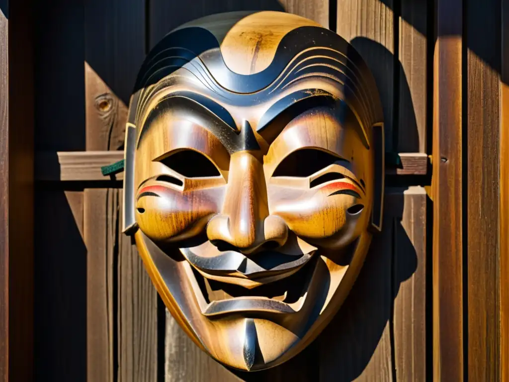 La imagen muestra una máscara japonesa de madera desgastada y tenebrosa, con sombras dramáticas