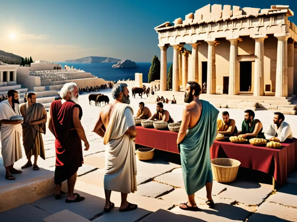 Imagen de mercado antiguo griego con filósofos y comerciantes