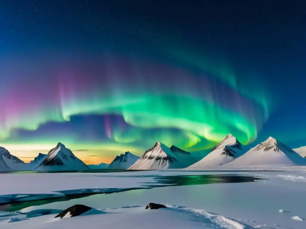 Imagen de la mística belleza del paisaje ártico en la noche polar con auroras boreales, ideal para interpretaciones filosóficas mitos árticos