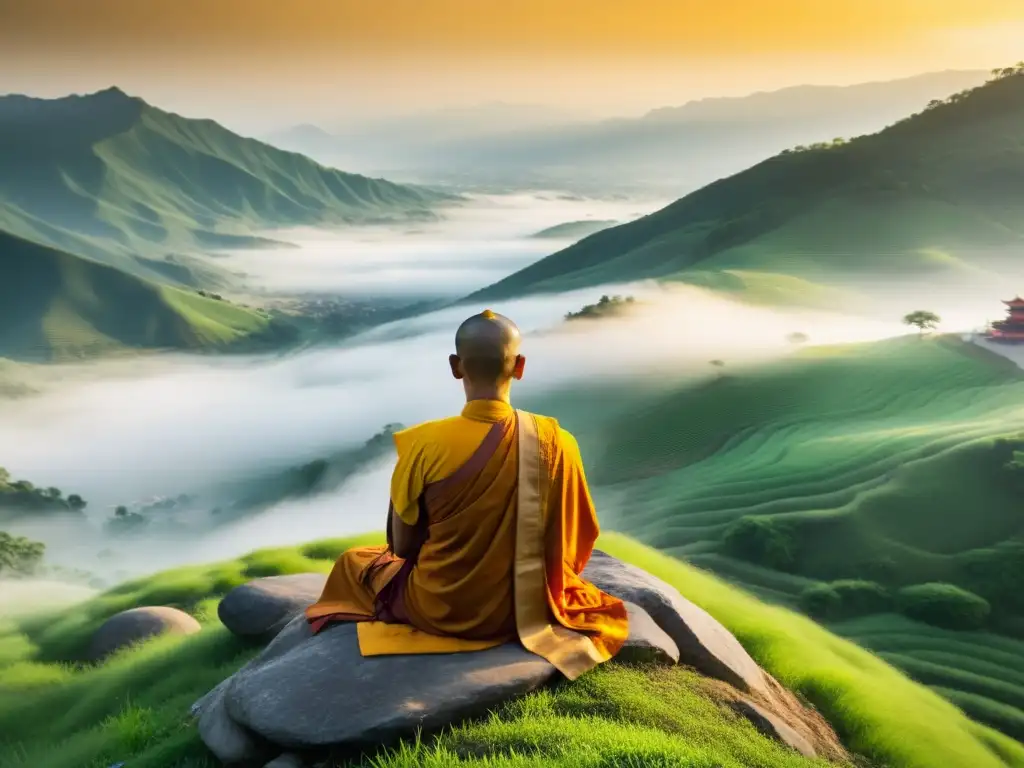 Imagen de un monje budista meditando en las montañas, envuelto en paz y serenidad