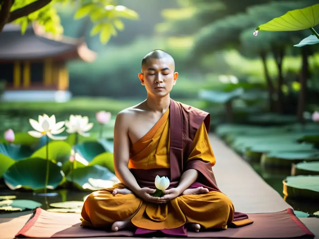 Imagen de un monje budista en meditación en un jardín tranquilo con flores de loto