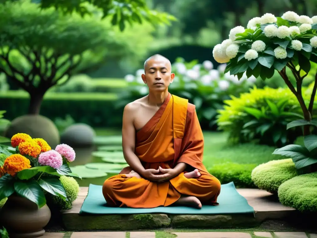 Imagen de un monje Jainista meditando en un jardín tranquilo, reflejando las técnicas de meditación Jainista y la búsqueda de Kaivalya