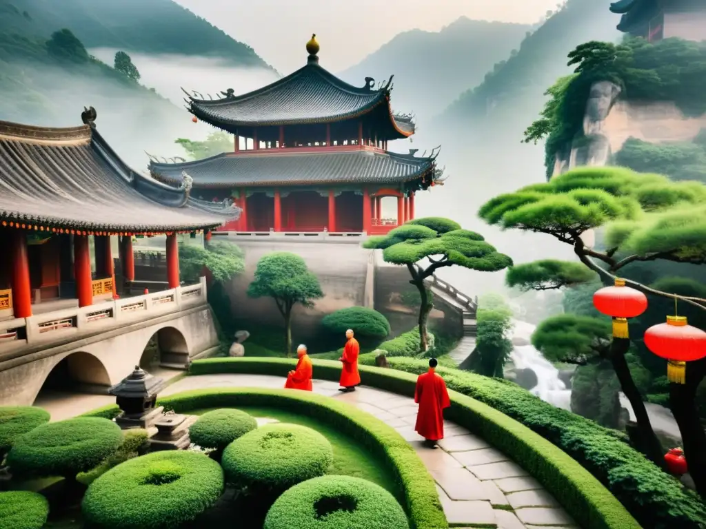 Imagen de montañas neblinosas en China con un templo taoísta, ancianos practicando Tai Chi y naturaleza exuberante