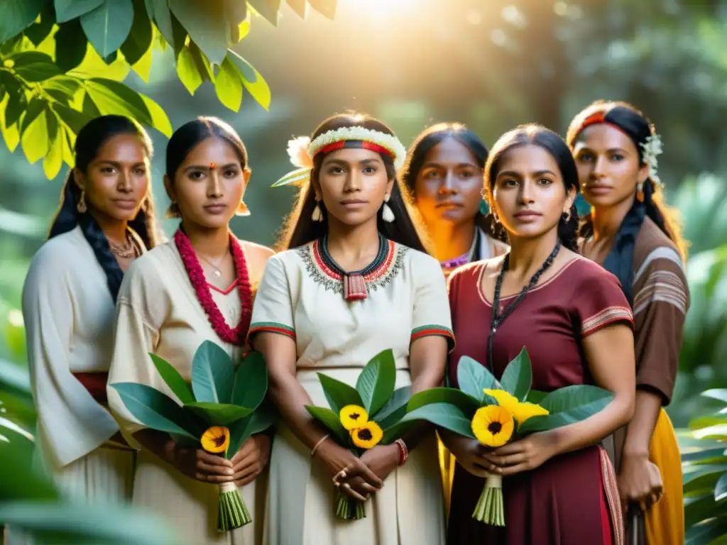 Imagen de mujeres de distintas culturas indígenas, unidas en círculo, con vestimenta tradicional, rodeadas de naturaleza exuberante y flores vibrantes