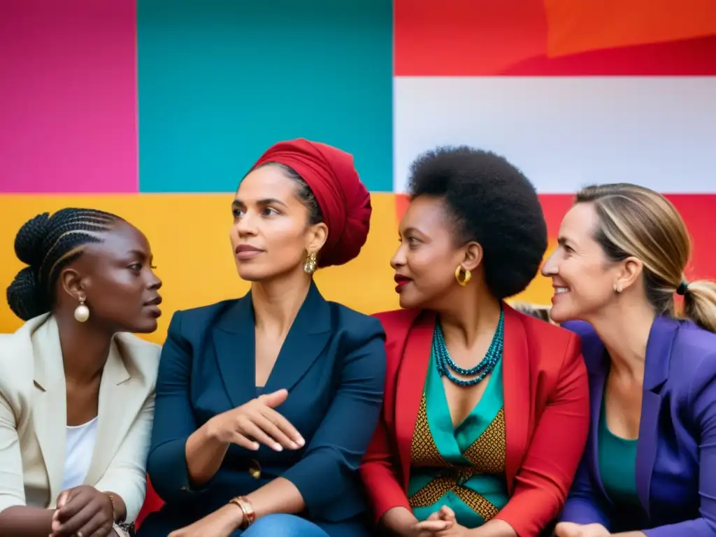 Imagen de mujeres en profunda conversación, gestos enfáticos y símbolos políticos y culturales