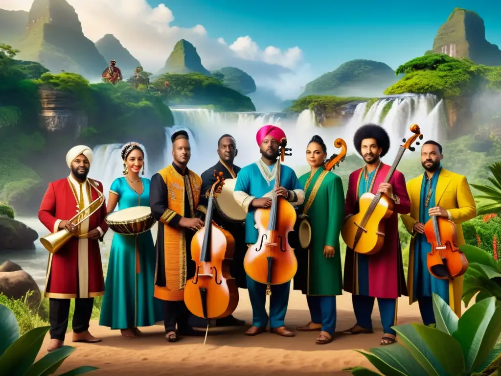 Imagen de músicos del mundo en trajes vibrantes y paisajes exuberantes, simbolizando el postcolonialismo en la música global