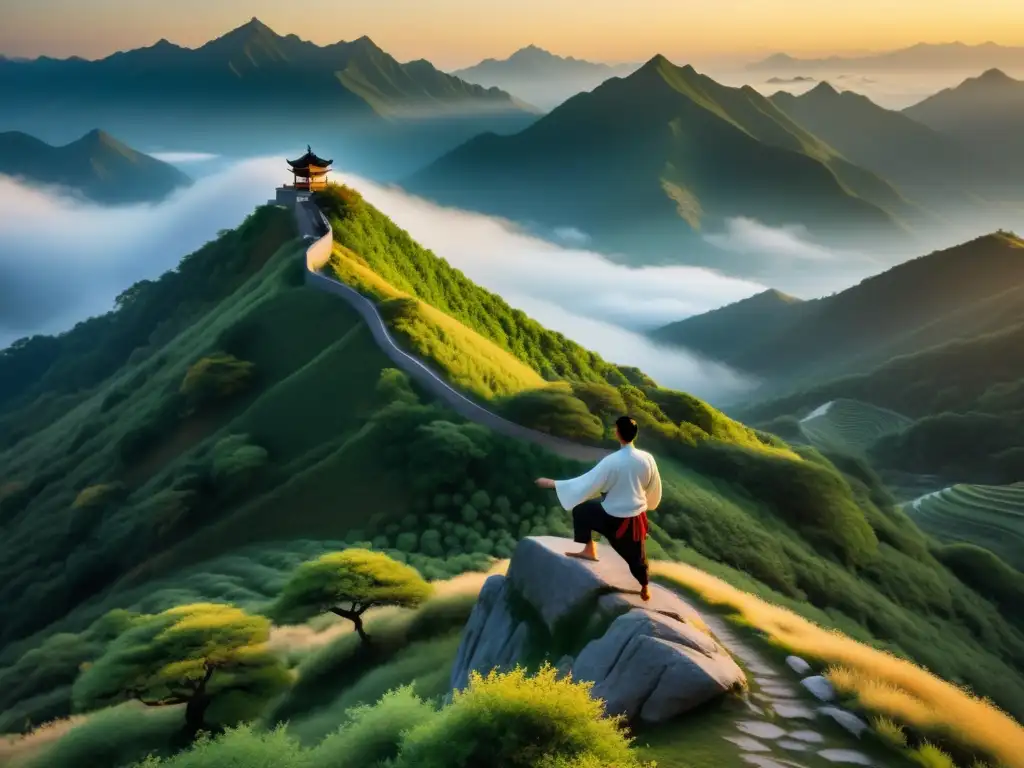 Imagen 8k de montaña neblinosa al amanecer, figura practicando tai chi en perfecta tranquilidad, reflejando el poder de la No Acción en Taoísmo