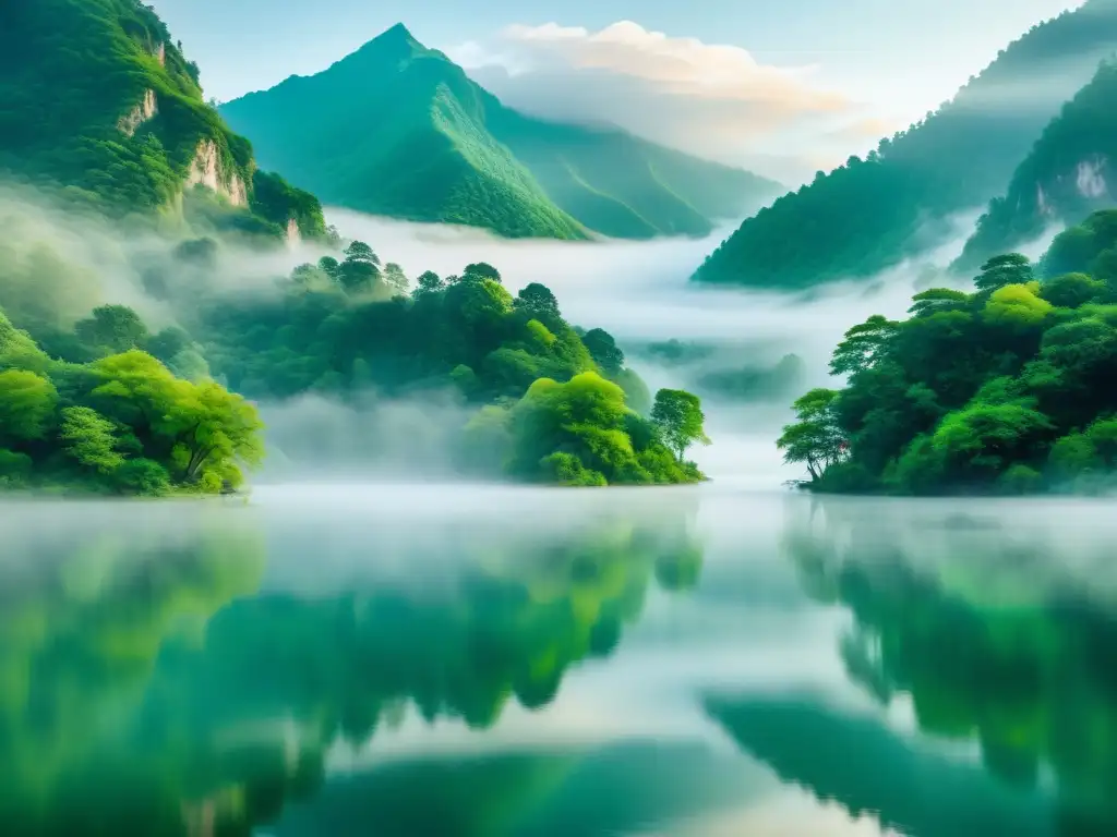 Imagen de montaña neblinosa con lago tranquilo, exudando belleza literaria taoísta y exploración filosófica en la naturaleza