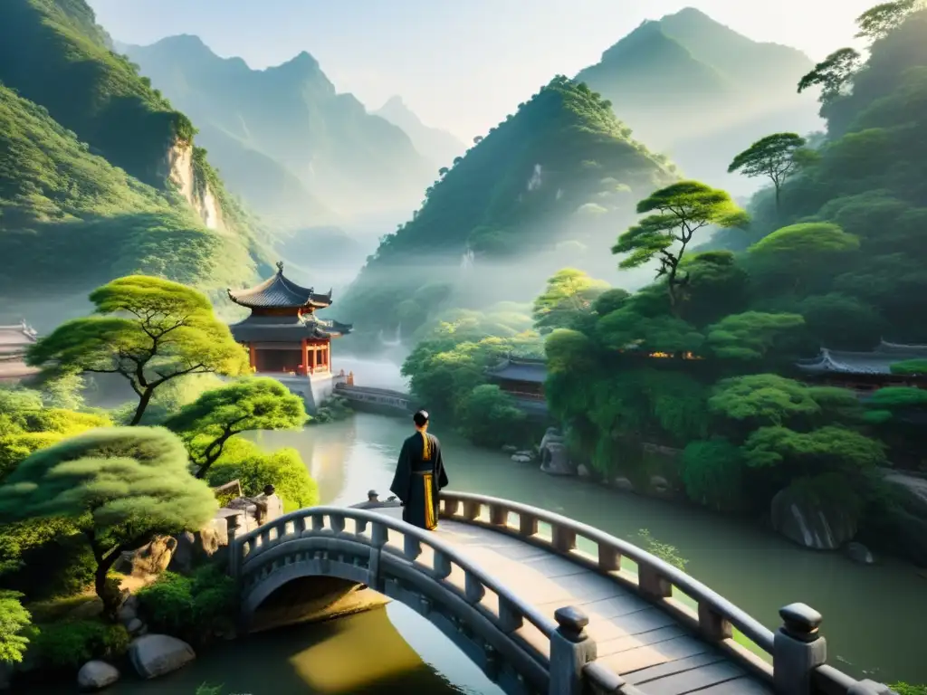 Imagen de montaña neblinosa con río sereno, templo taoísta entre árboles, figura contemplativa