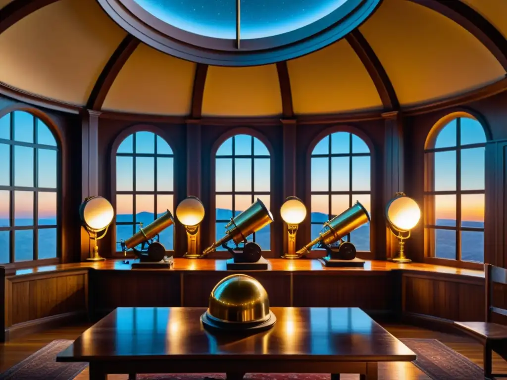 Una imagen de un observatorio astronómico antiguo con instrumentos de latón en mesas de madera, iluminado por lámparas vintage y la luz de la luna