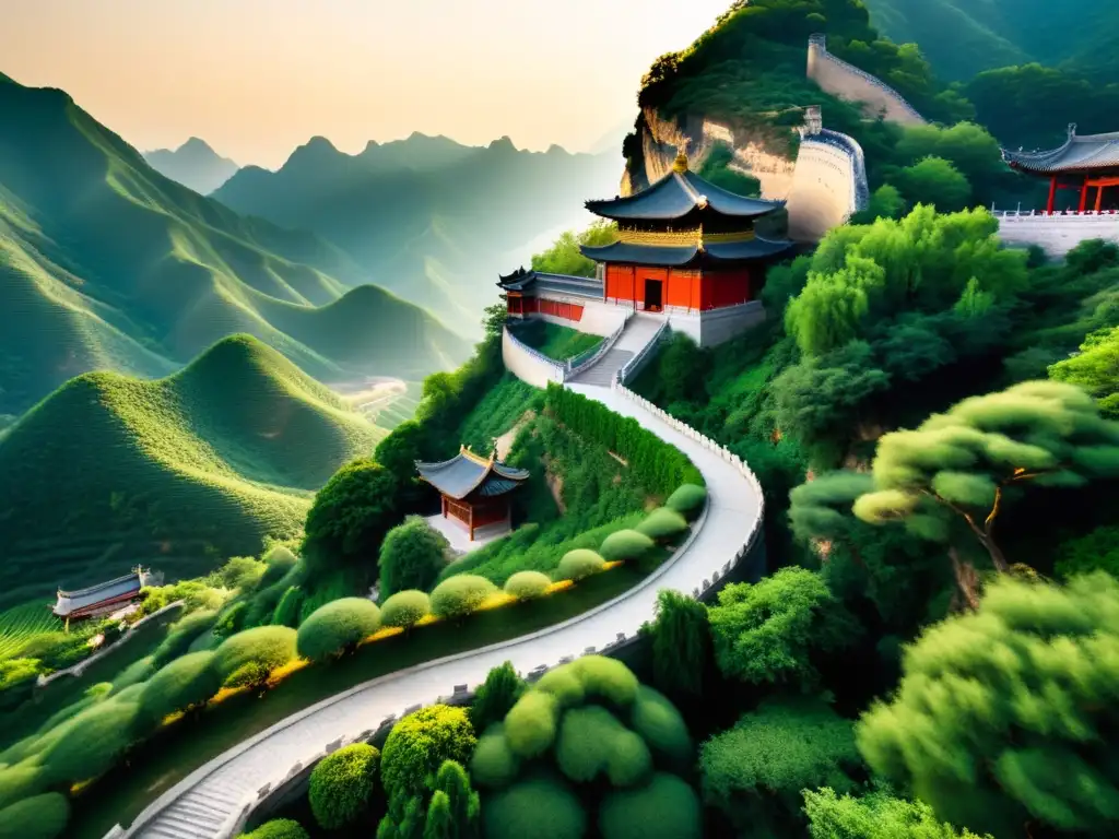 Imagen de un paisaje montañoso neblinoso con un templo taoísta y monjes practicando tai chi al amanecer - Lecciones del Arte de la Estrategia Taoísta