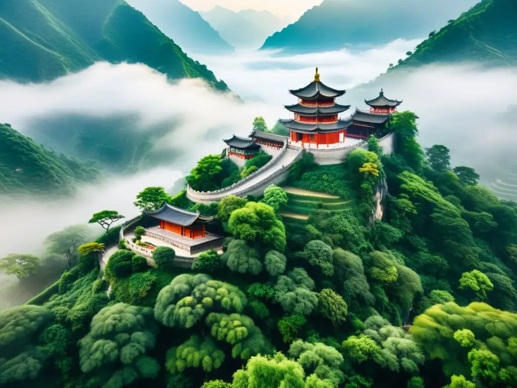 Imagen de un paisaje montañoso sereno y místico en China con un templo taoísta entre la exuberante vegetación